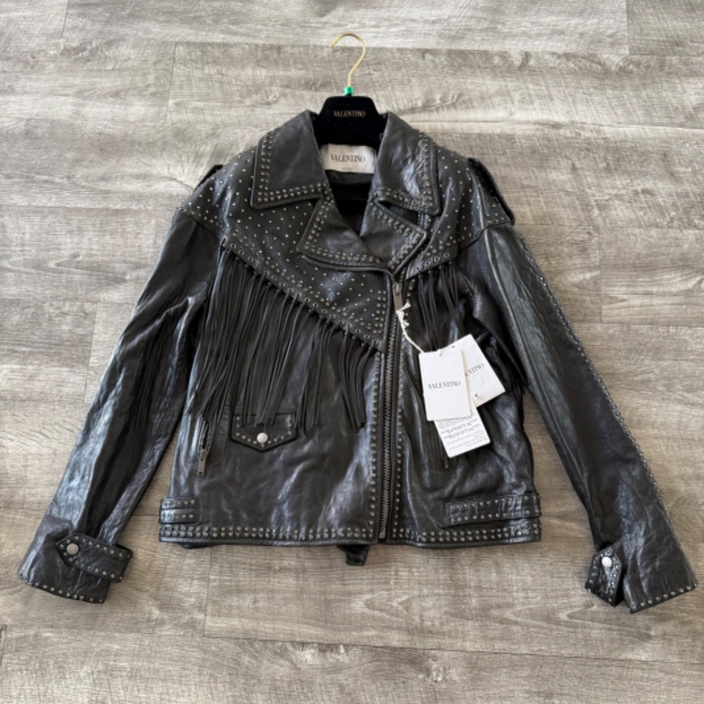 Valentino Studded Fringe Leather Biker Jacket - Picture 8 of 12